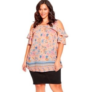 Avenue New Peach Floral Cold Shoulder Summer Tunic